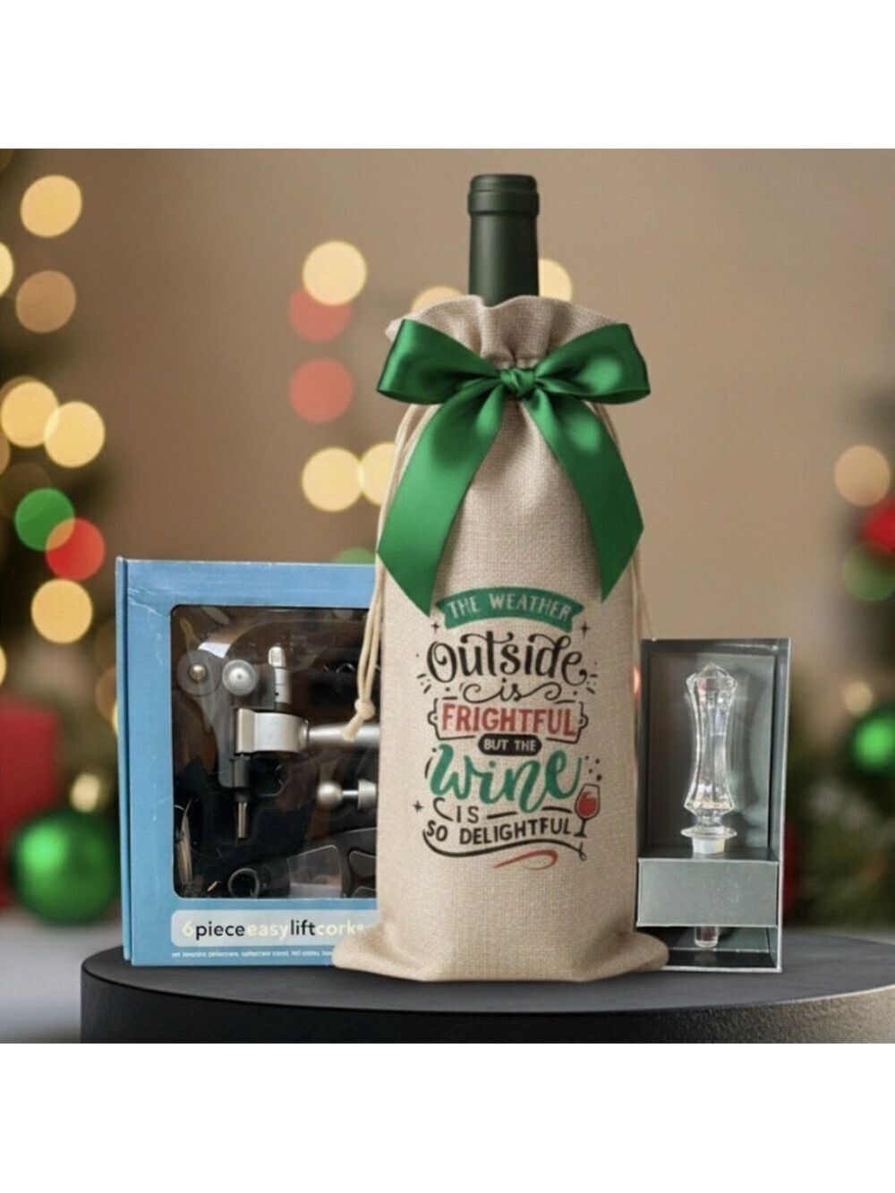 3pc Holiday Wine Accessory Gift Set Corkscrew + Stopper + Bag (no wine included)